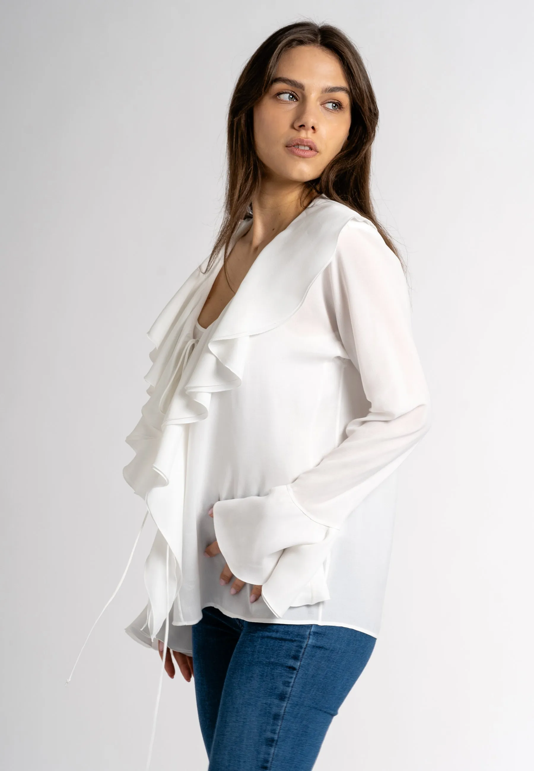 Allegra: White Ruffle Blouse | Long Sleeve Ruffle Tops