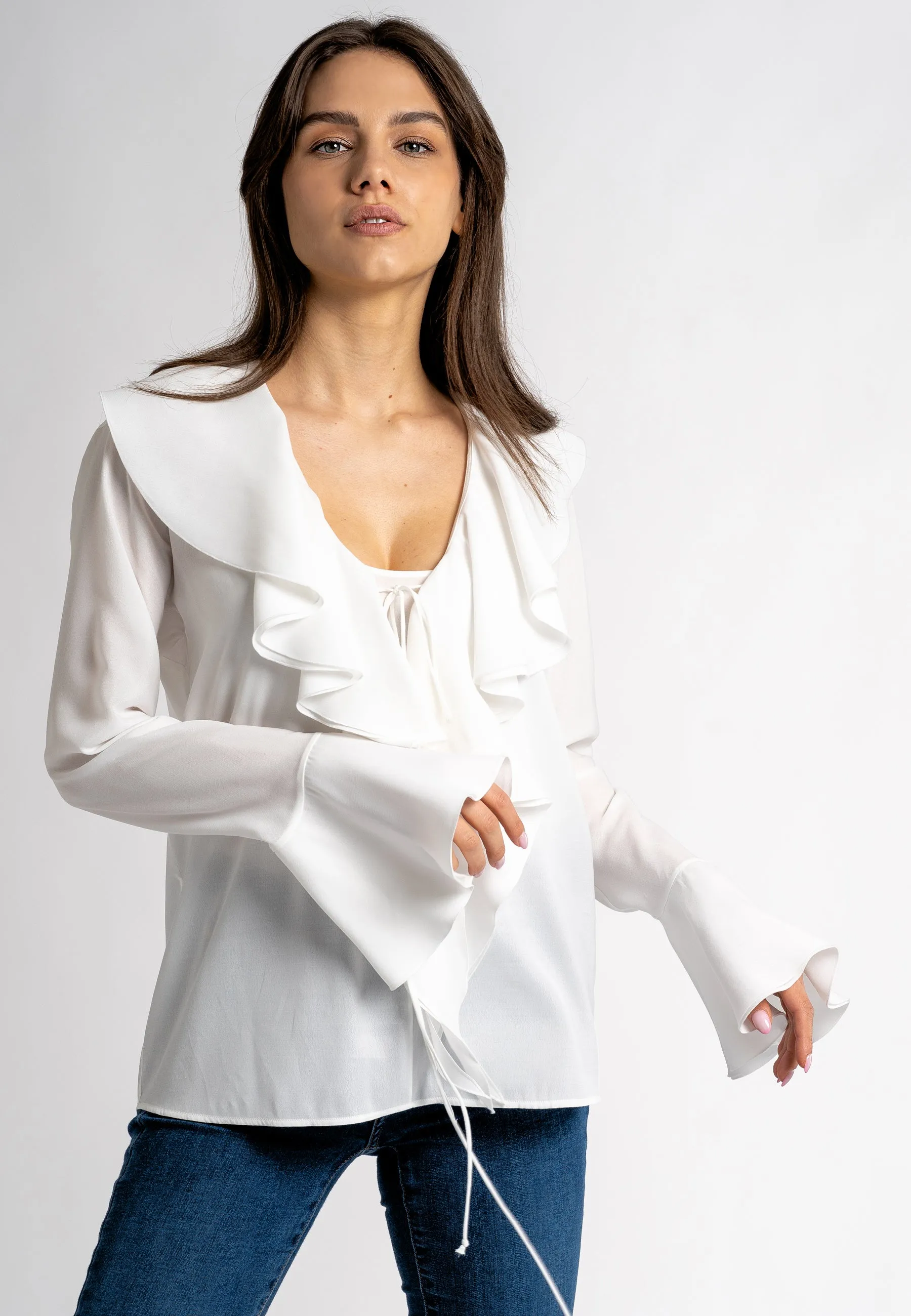 Allegra: White Ruffle Blouse | Long Sleeve Ruffle Tops