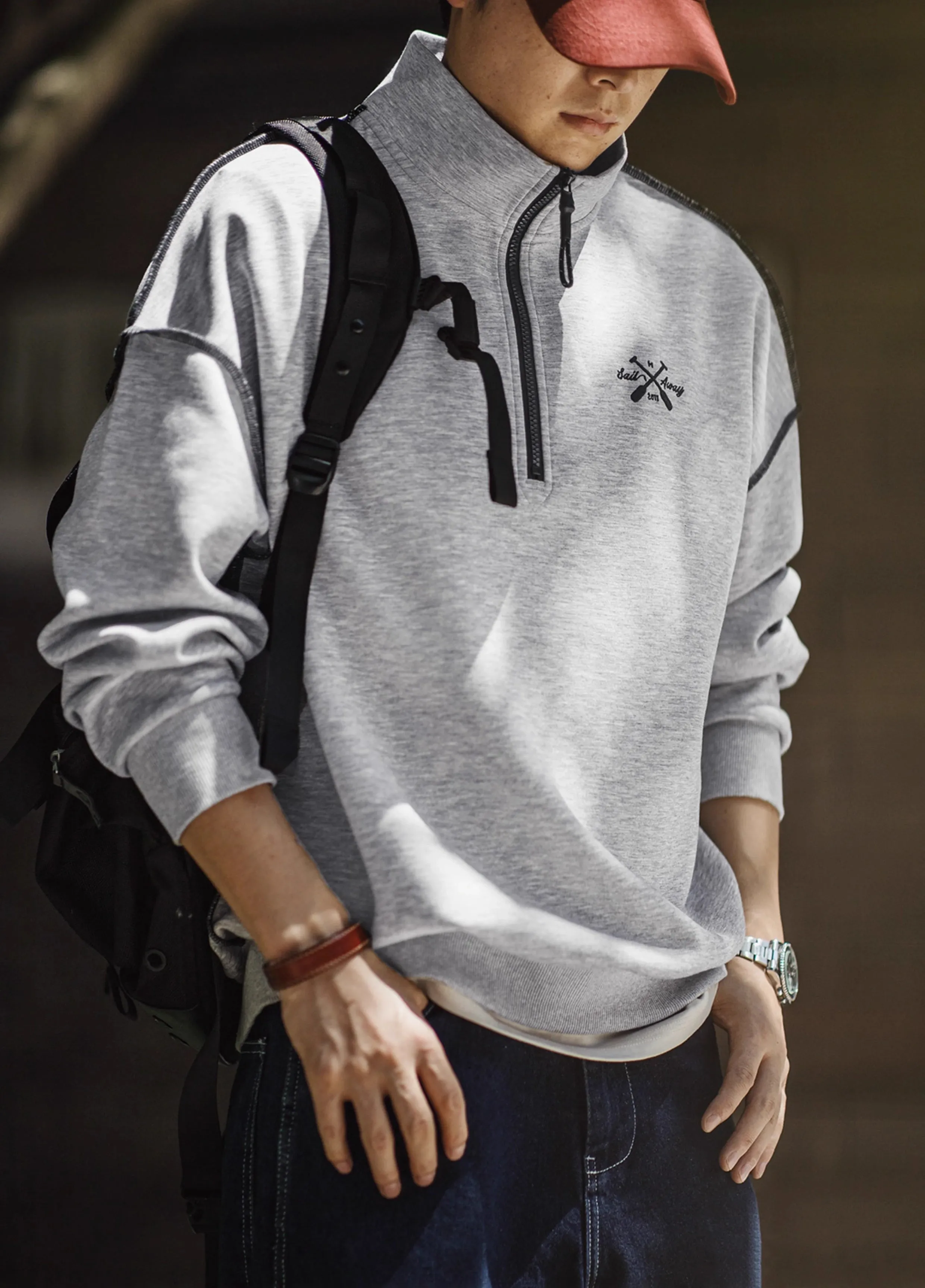 American Air Layer Half Zip Contrast Color Lock Edge Lapel Men's Sweater