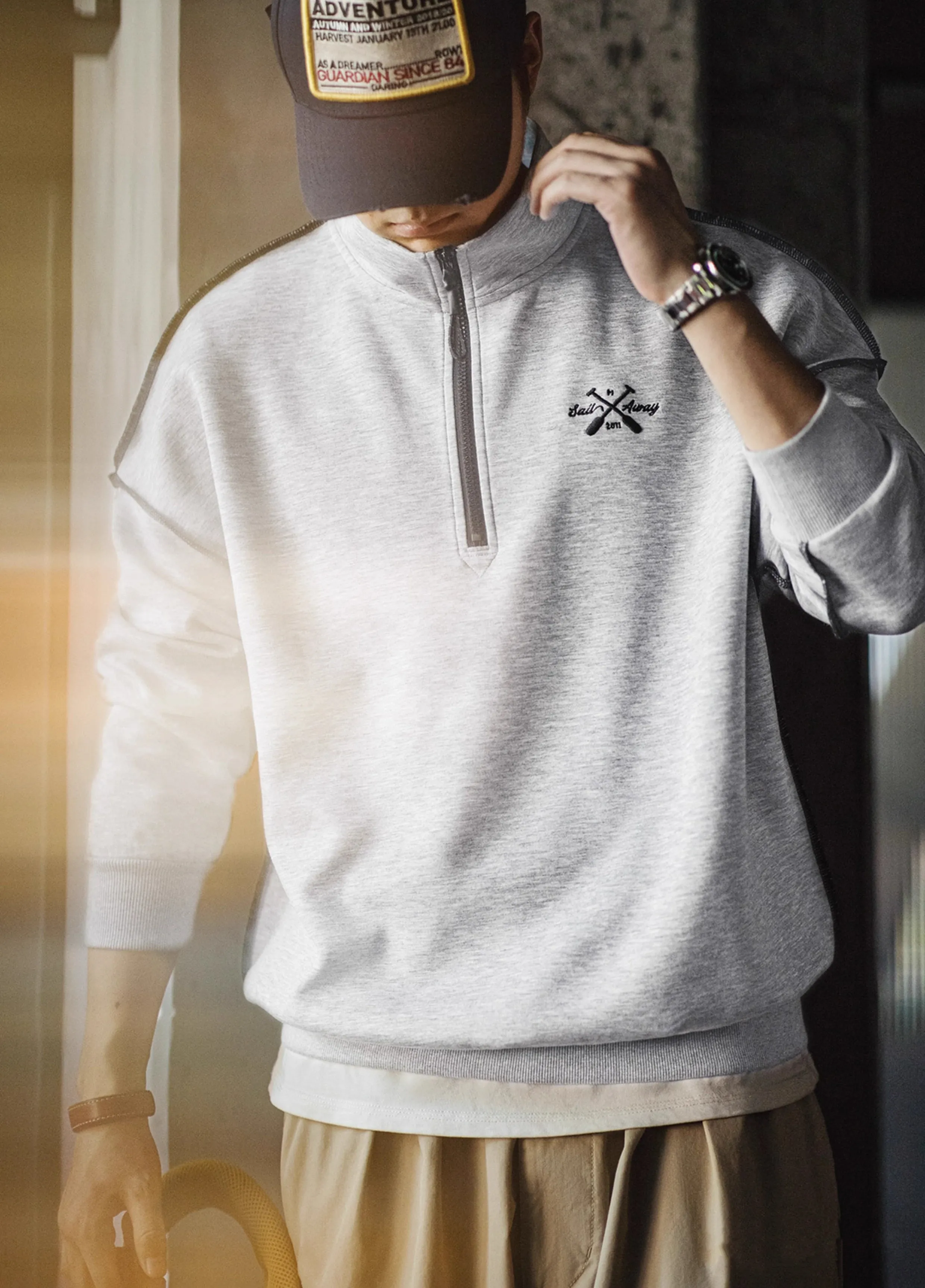 American Air Layer Half Zip Contrast Color Lock Edge Lapel Men's Sweater
