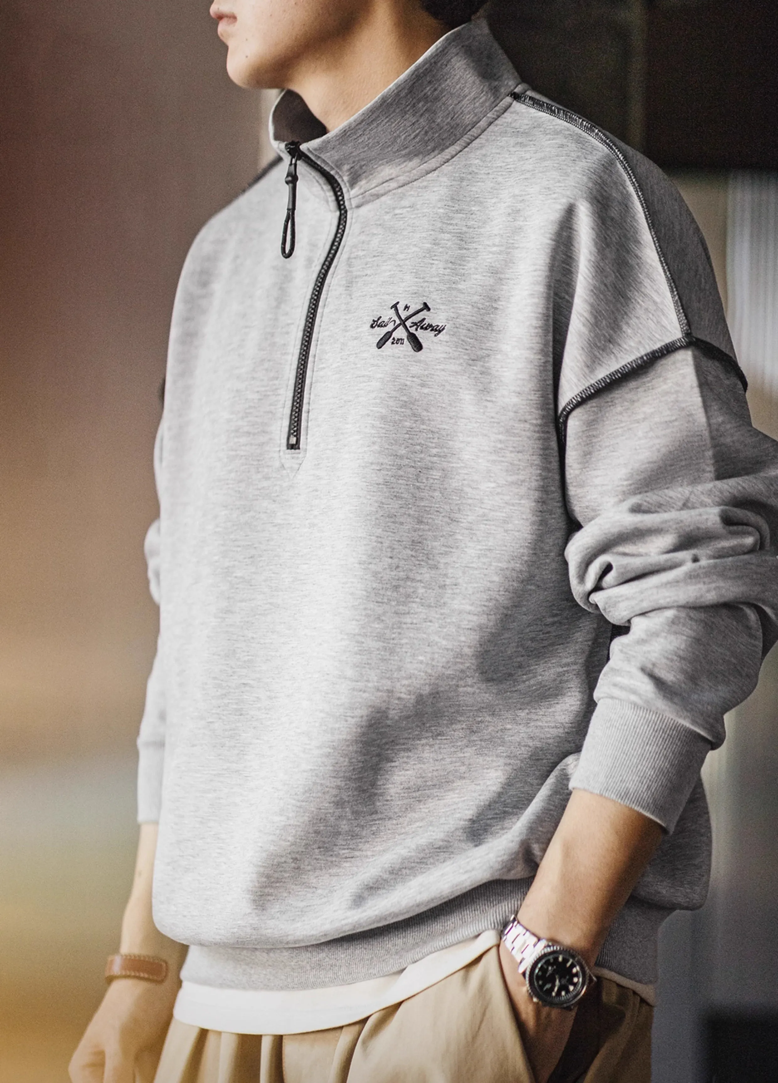 American Air Layer Half Zip Contrast Color Lock Edge Lapel Men's Sweater