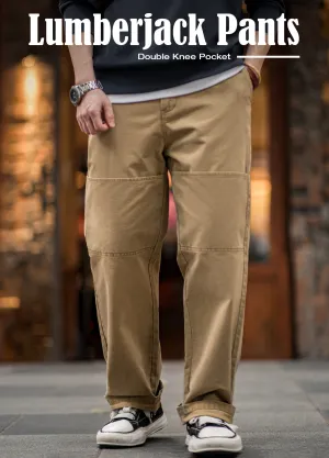 American Retro Double Knee Pocket Lumberjack Cotton Straight Men's Trousers