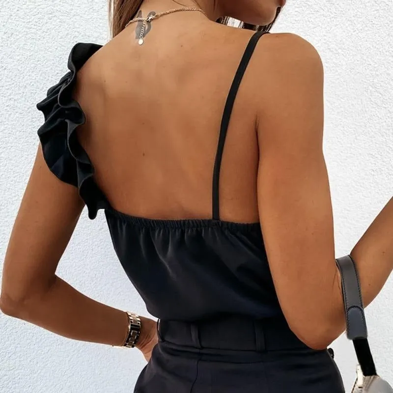 Backless Spaghetti Strap V-neck Ruffle Blouse