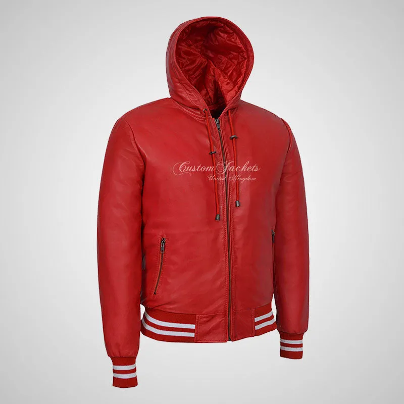 BASEBALL Hooded Leather Bomber Jacket for Mens Soft Leather
