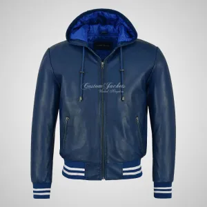 BASEBALL Hooded Leather Bomber Jacket for Mens Soft Leather