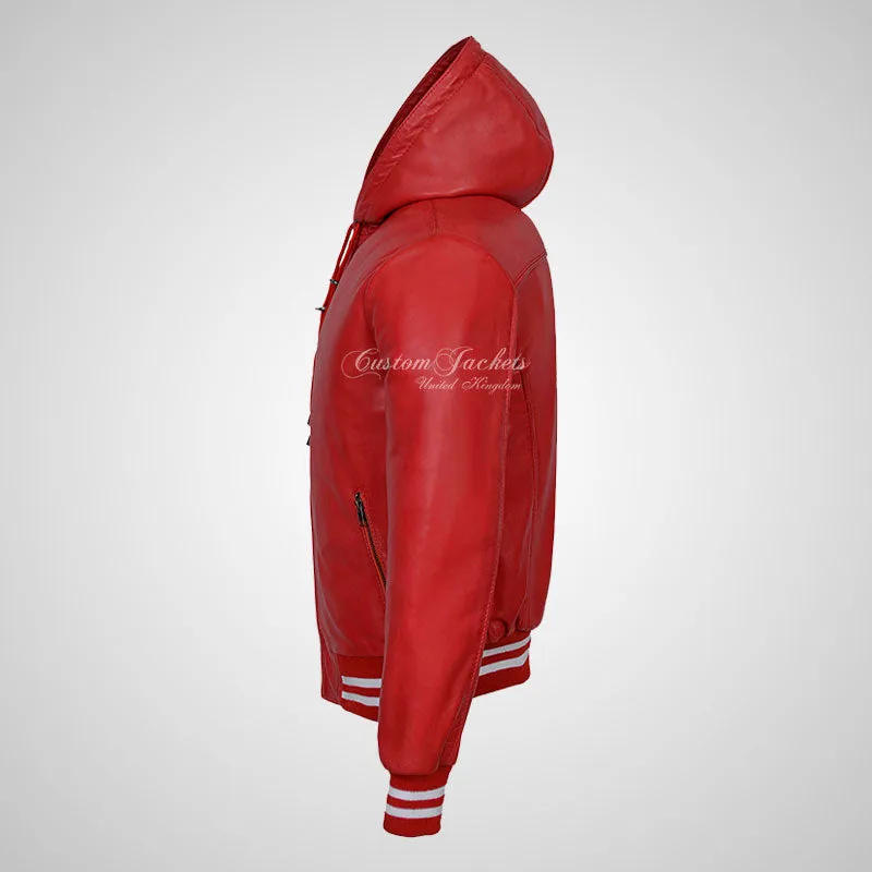BASEBALL Hooded Leather Bomber Jacket for Mens Soft Leather