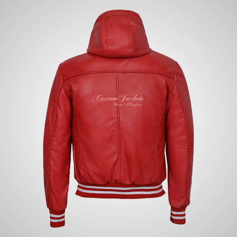 BASEBALL Hooded Leather Bomber Jacket for Mens Soft Leather
