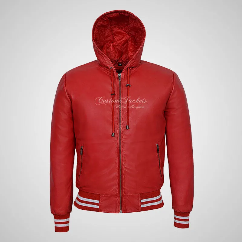 BASEBALL Hooded Leather Bomber Jacket for Mens Soft Leather