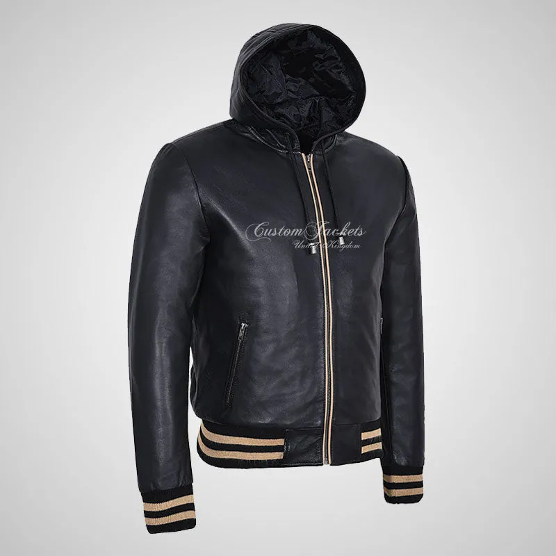 BASEBALL Hooded Leather Bomber Jacket for Mens Soft Leather