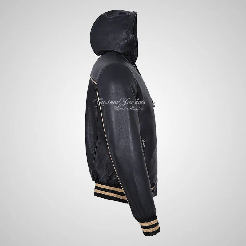 BASEBALL Hooded Leather Bomber Jacket for Mens Soft Leather