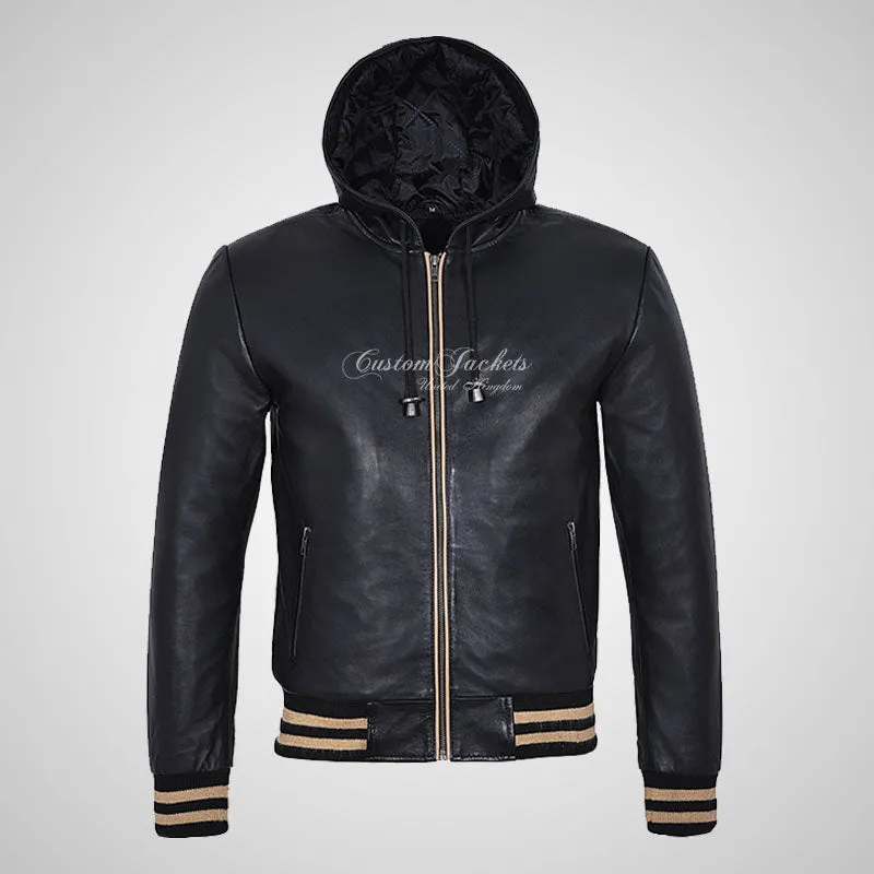 BASEBALL Hooded Leather Bomber Jacket for Mens Soft Leather