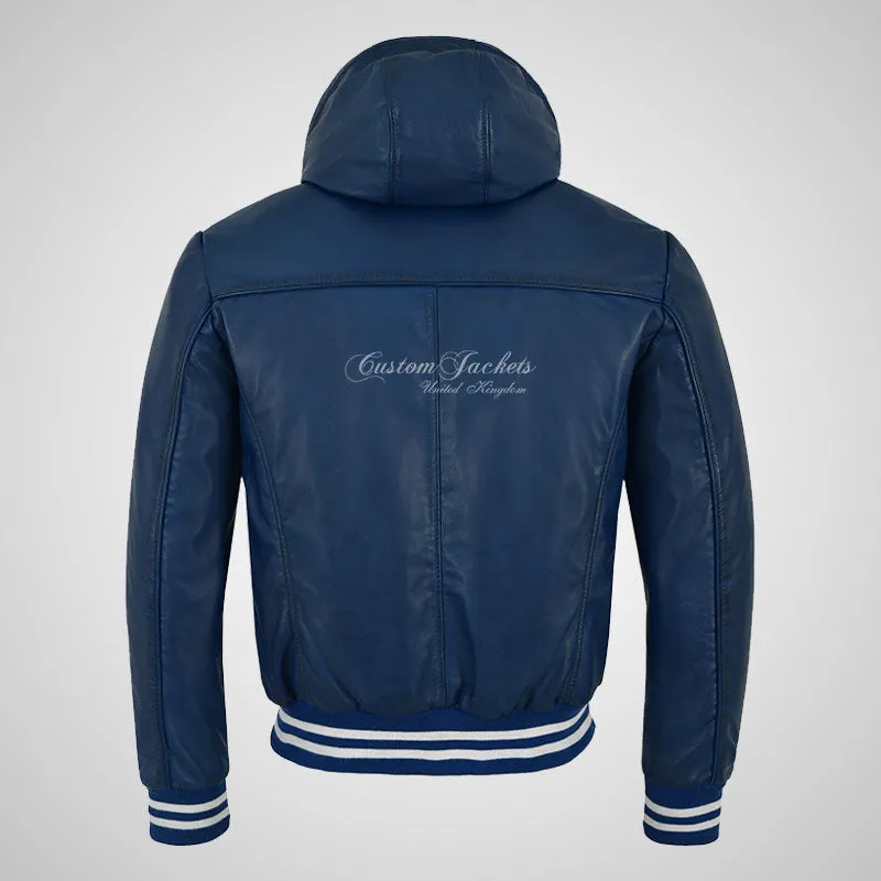 BASEBALL Hooded Leather Bomber Jacket for Mens Soft Leather