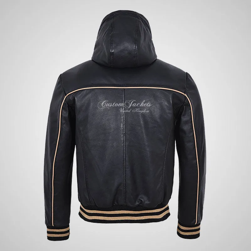BASEBALL Hooded Leather Bomber Jacket for Mens Soft Leather
