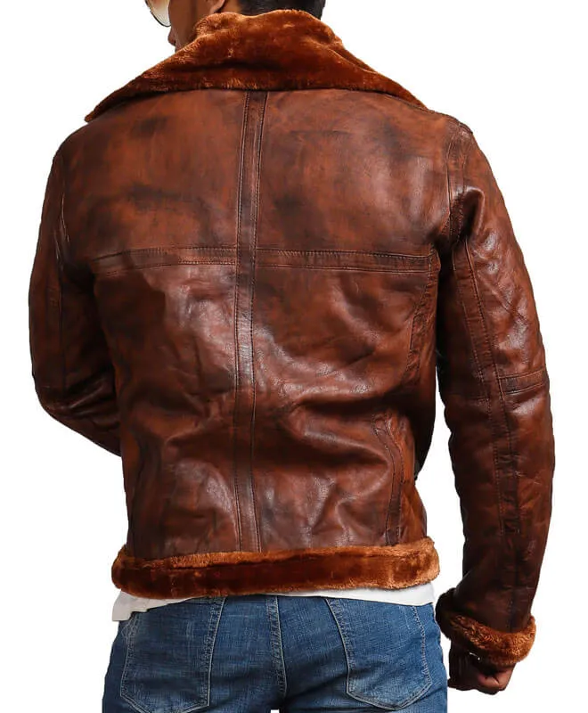 Brown Bomber Leather Jacket with Fur lining