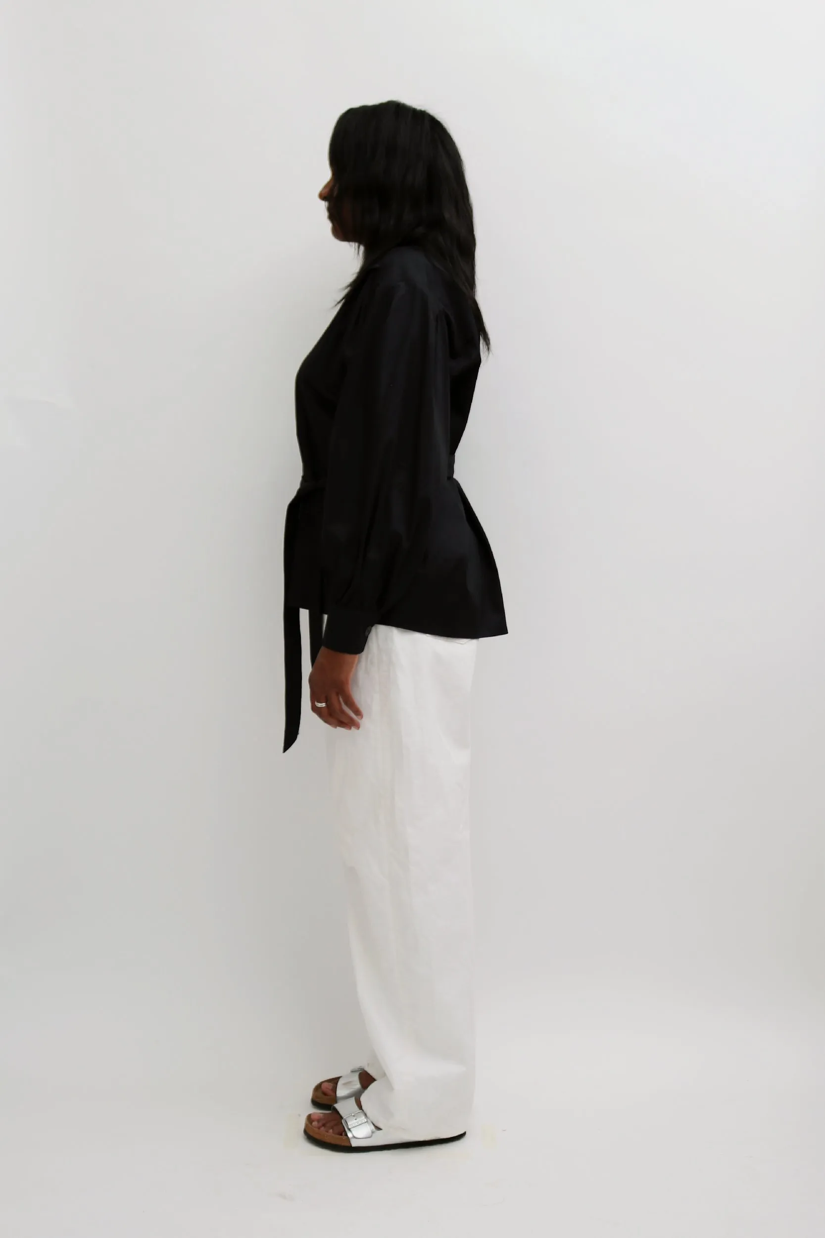 BUTTON FRONT TIE-WAIST BLOUSE