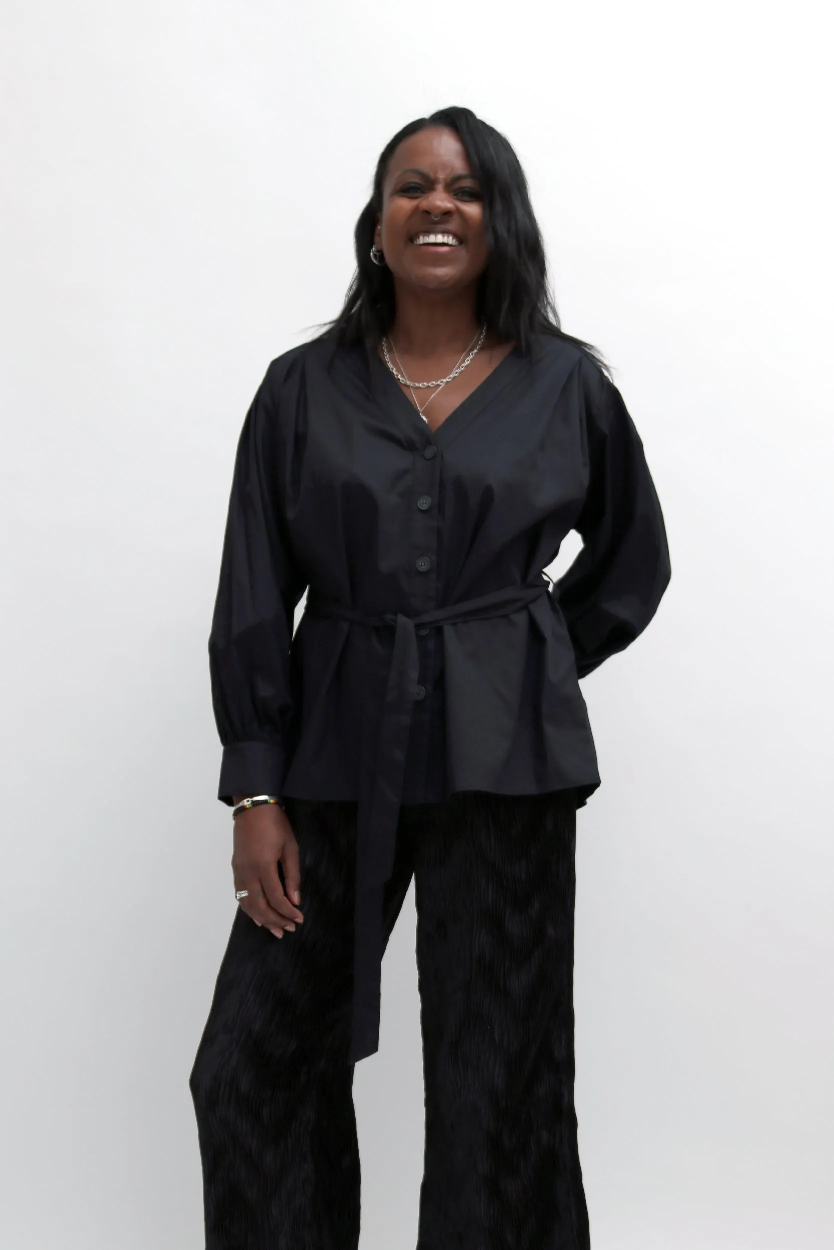 BUTTON FRONT TIE-WAIST BLOUSE