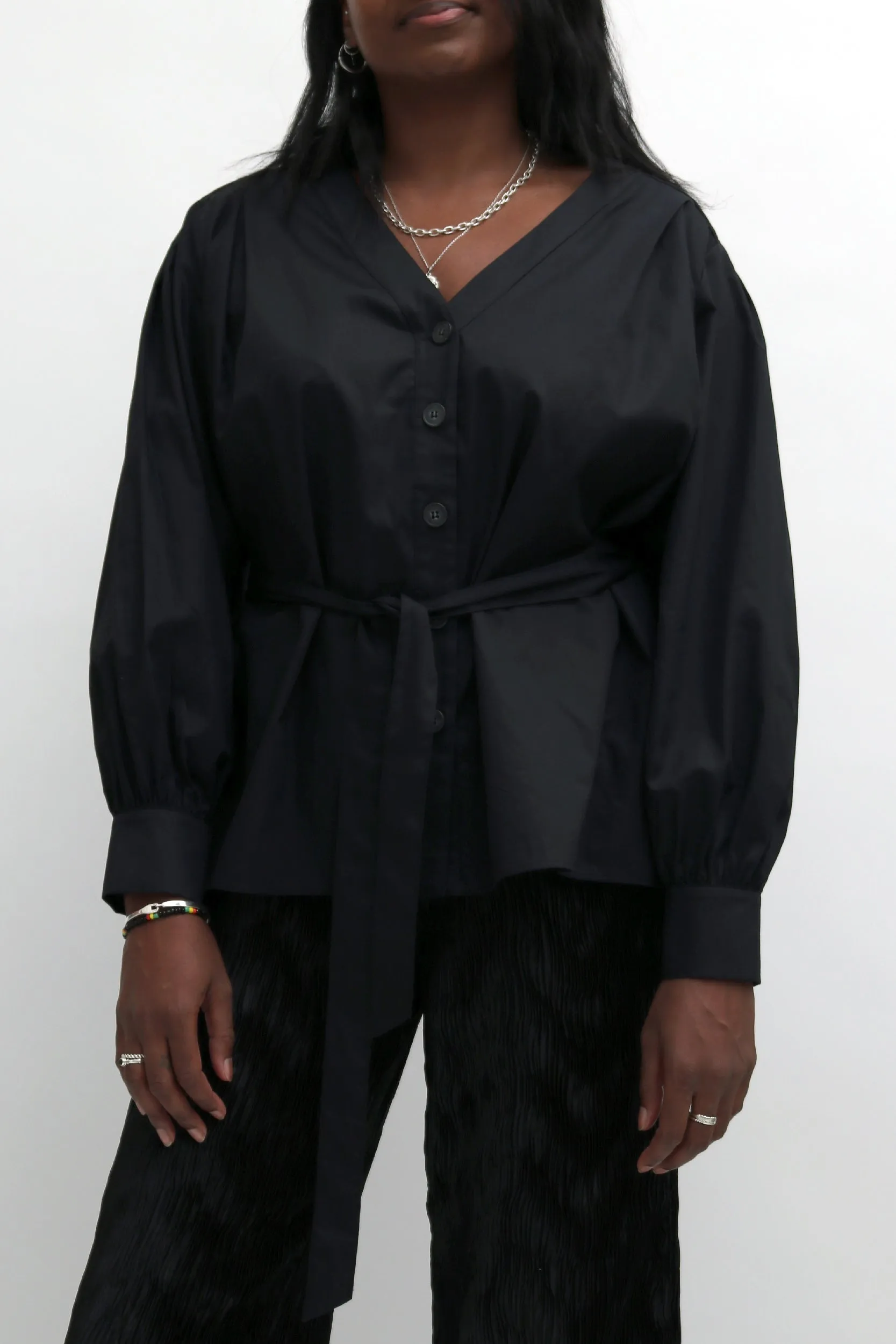 BUTTON FRONT TIE-WAIST BLOUSE