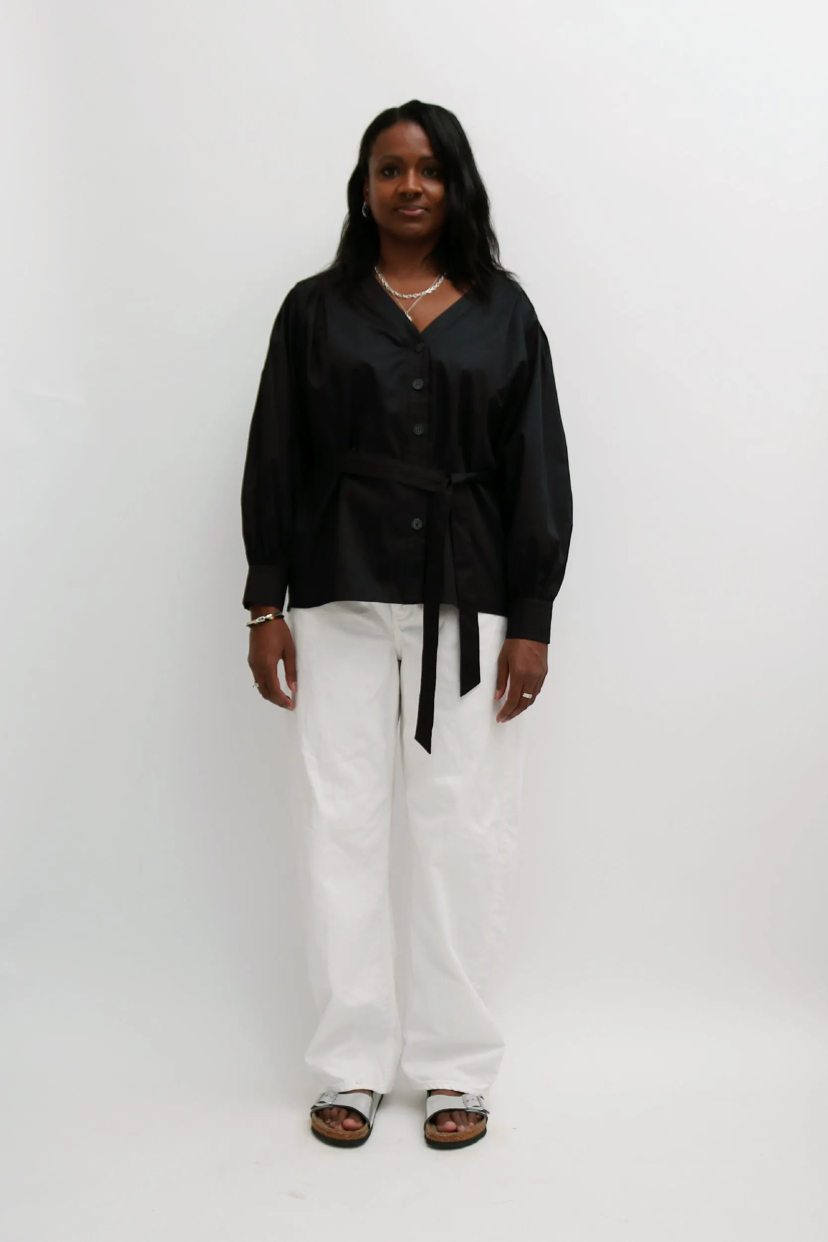 BUTTON FRONT TIE-WAIST BLOUSE