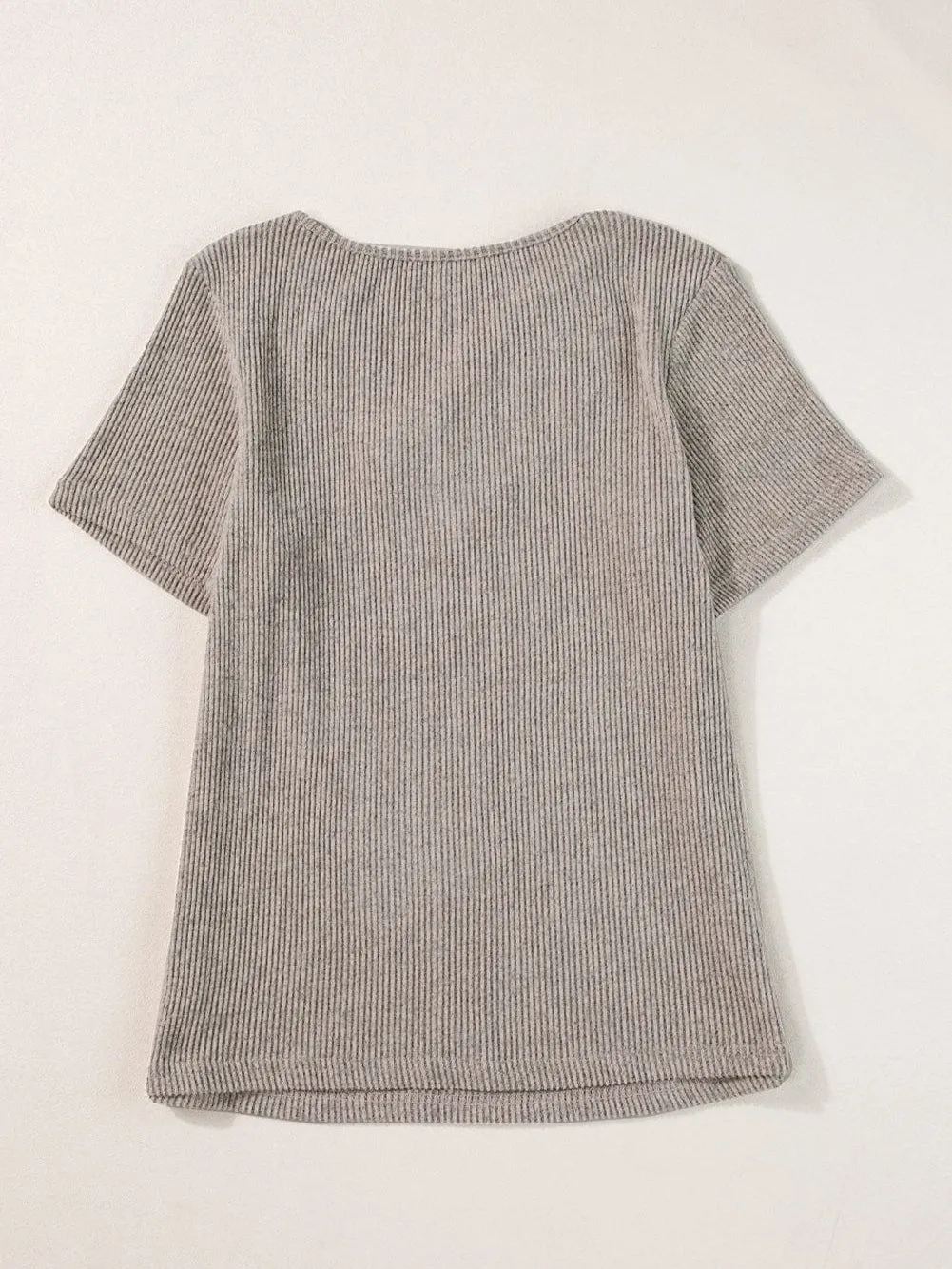 Buttoned V Neck Pale Khaki Ribbed Tee with Straps