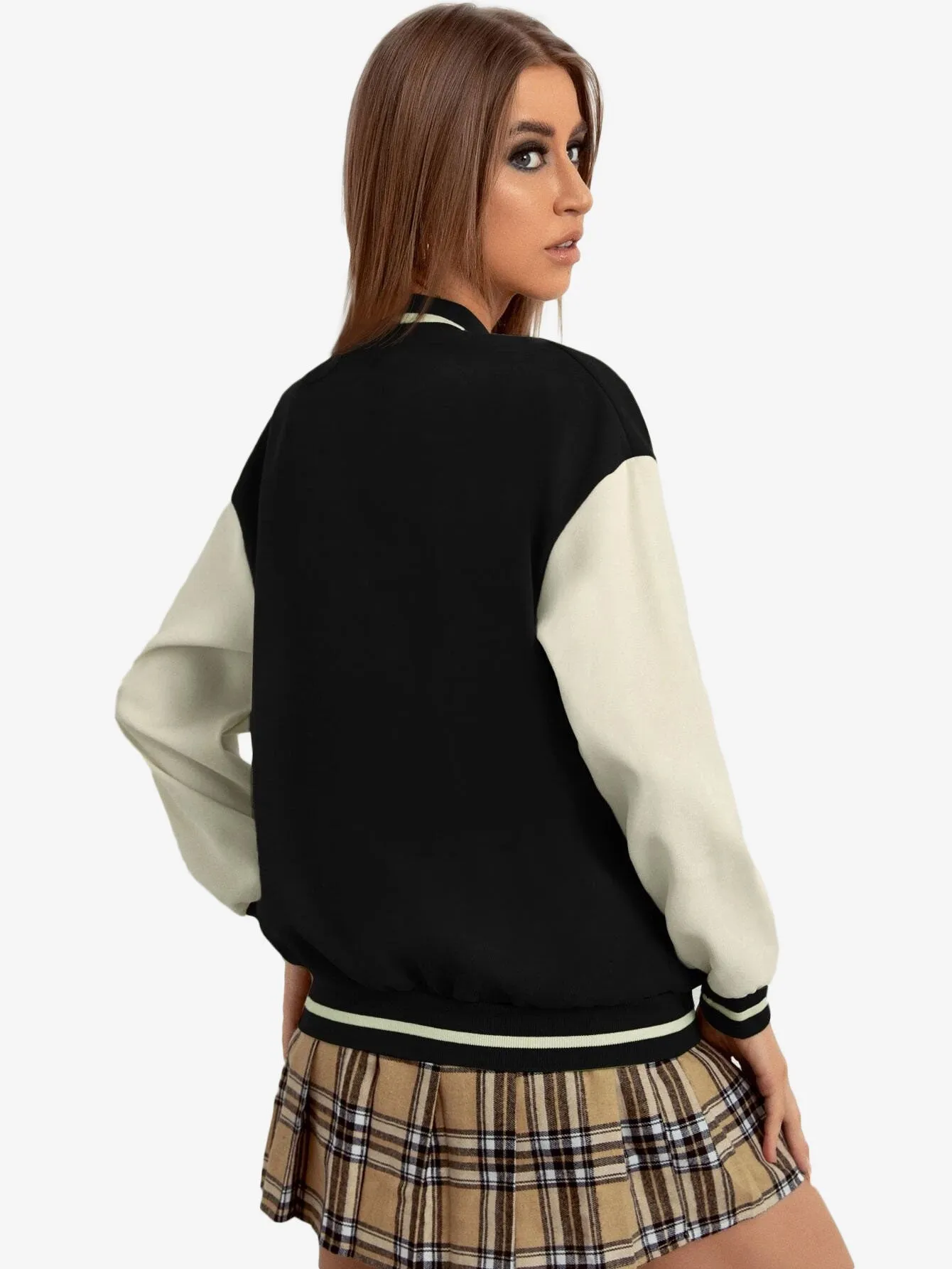 Contrast Sleeve Letter Patched Bomber Jacket