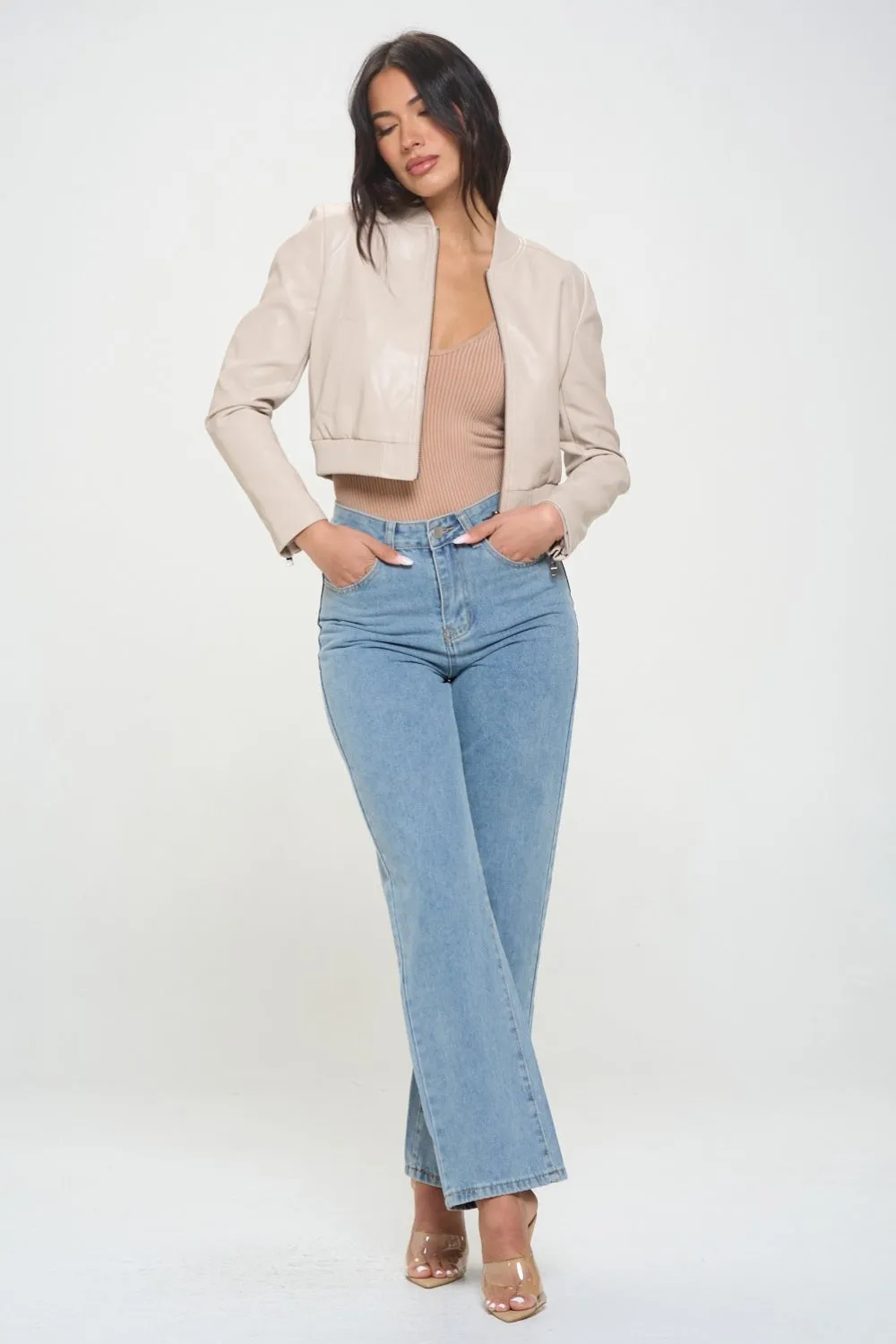 Cream Zip Up Cropped Bomber Jacket