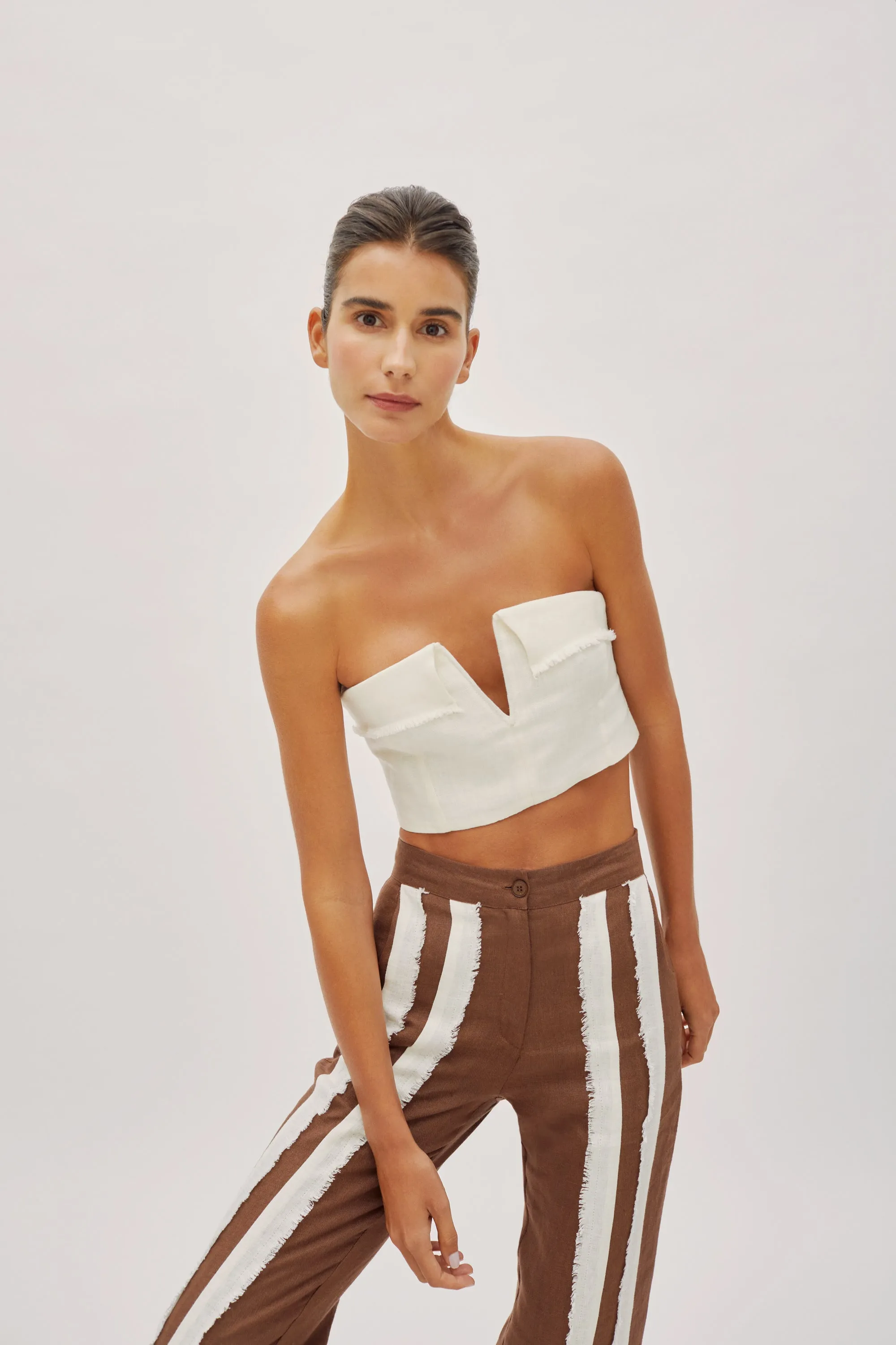Dune Off-White Linen Fringe V Neck Crop Top