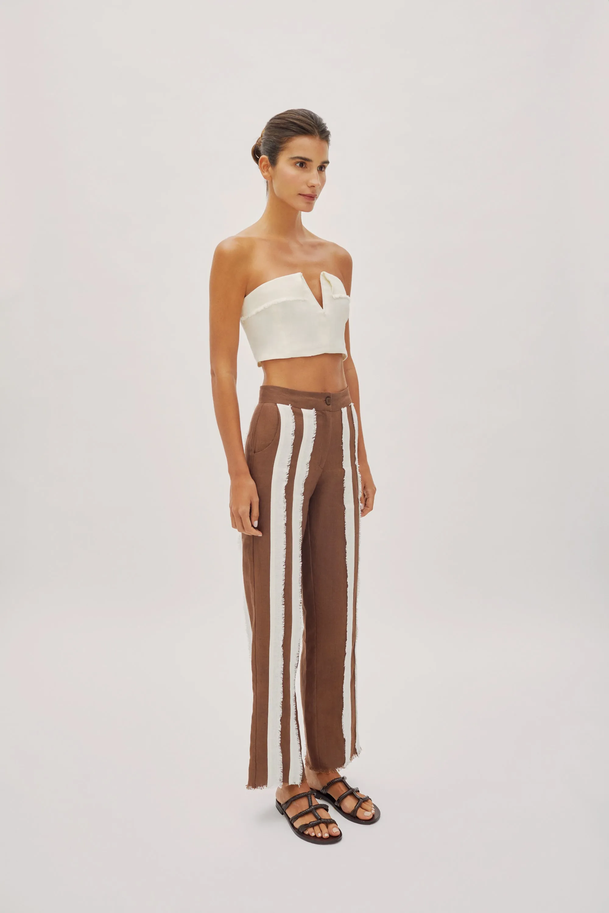 Dune Off-White Linen Fringe V Neck Crop Top