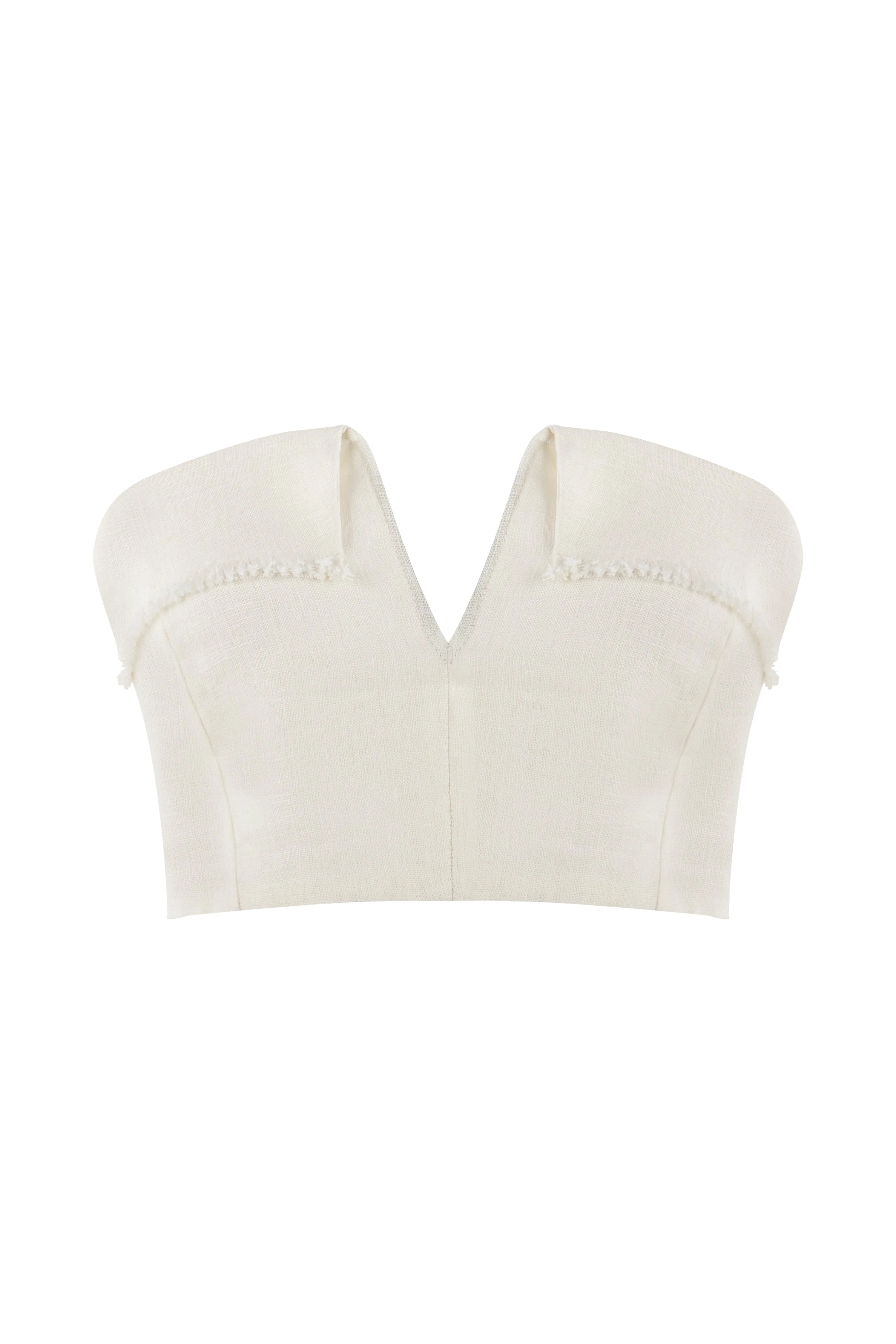 Dune Off-White Linen Fringe V Neck Crop Top