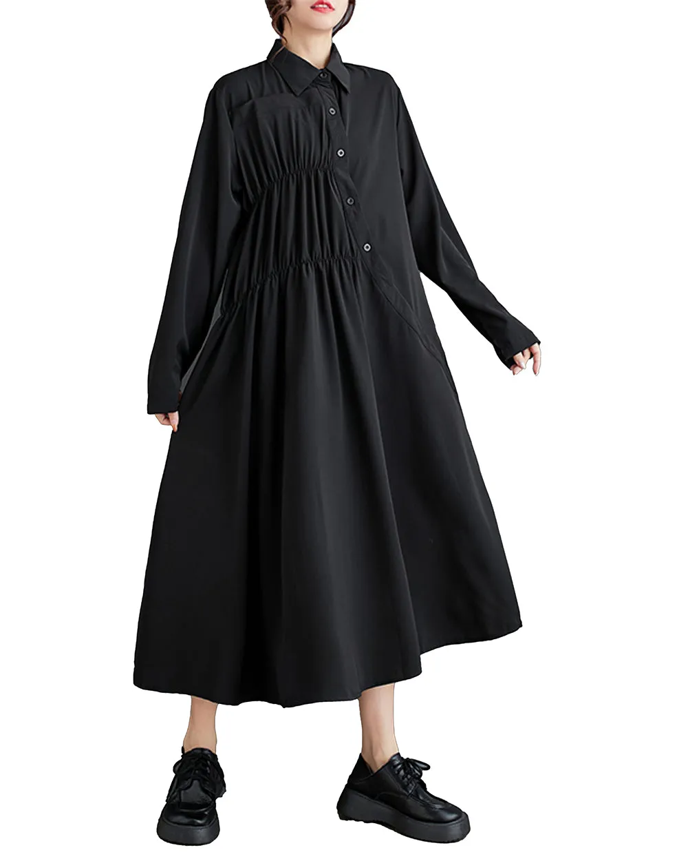 ellazhu Women's Long Sleeves Maxi Length Solid Color Flowy Hem Button Down Shirt Dress GZ165
