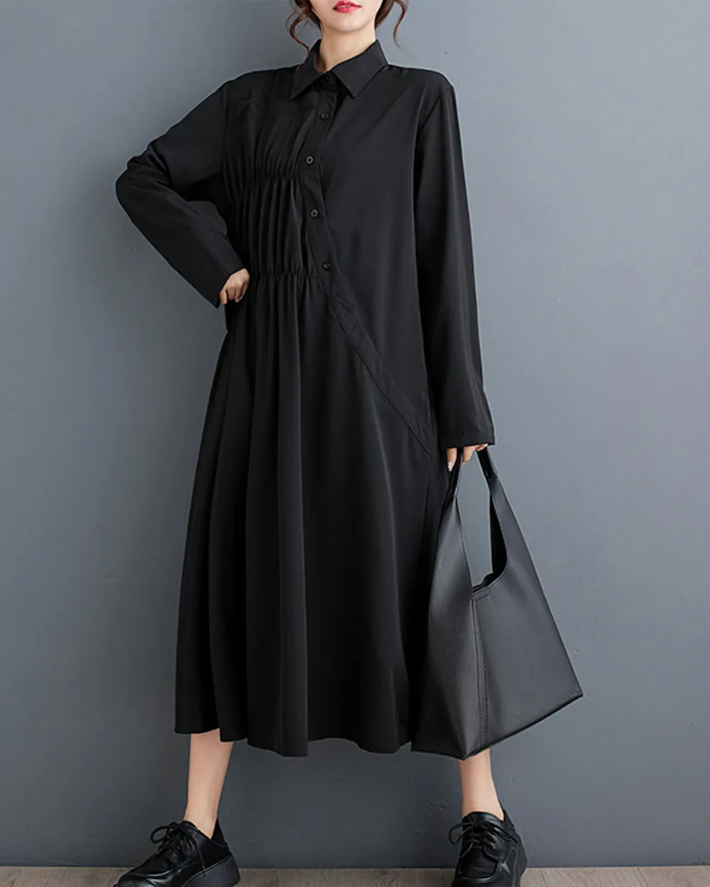 ellazhu Women's Long Sleeves Maxi Length Solid Color Flowy Hem Button Down Shirt Dress GZ165