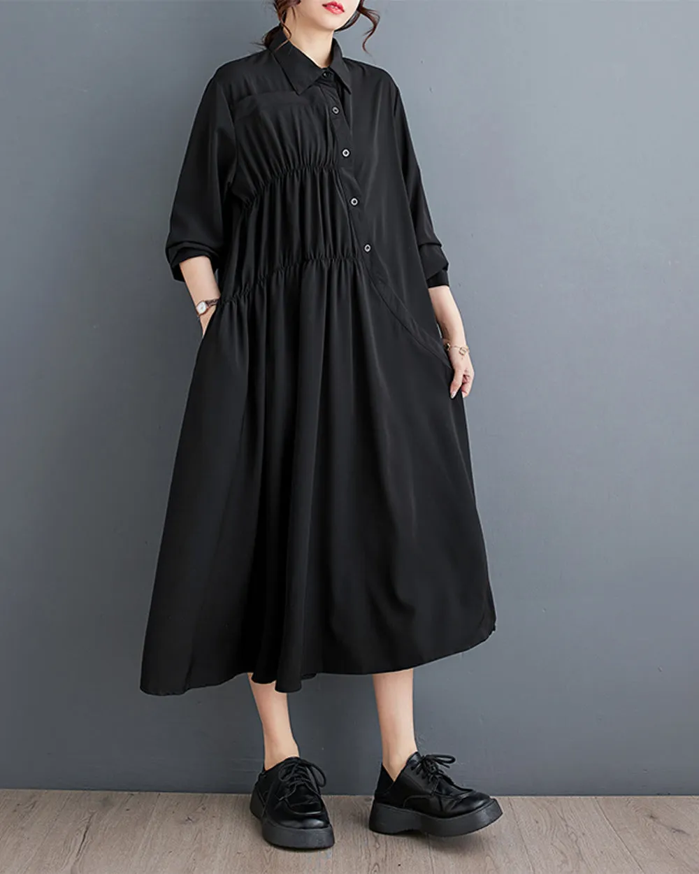 ellazhu Women's Long Sleeves Maxi Length Solid Color Flowy Hem Button Down Shirt Dress GZ165