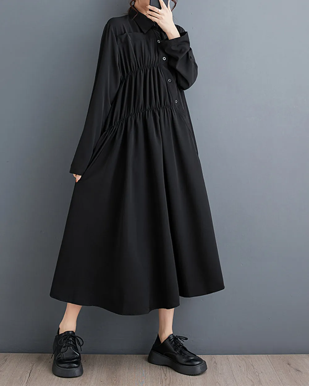 ellazhu Women's Long Sleeves Maxi Length Solid Color Flowy Hem Button Down Shirt Dress GZ165