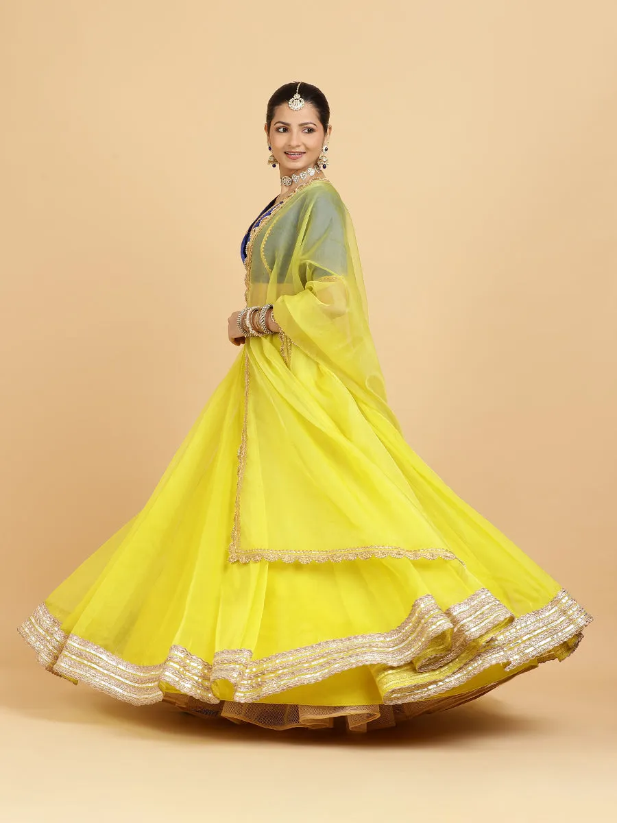 Farah Begum 4-Pc Lehenga Set x Tyohaar | Lemon Yellow Lehenga, Cobalt Blue Blouse with Saher Lemon Yellow Dupatta and Cancan Skirt