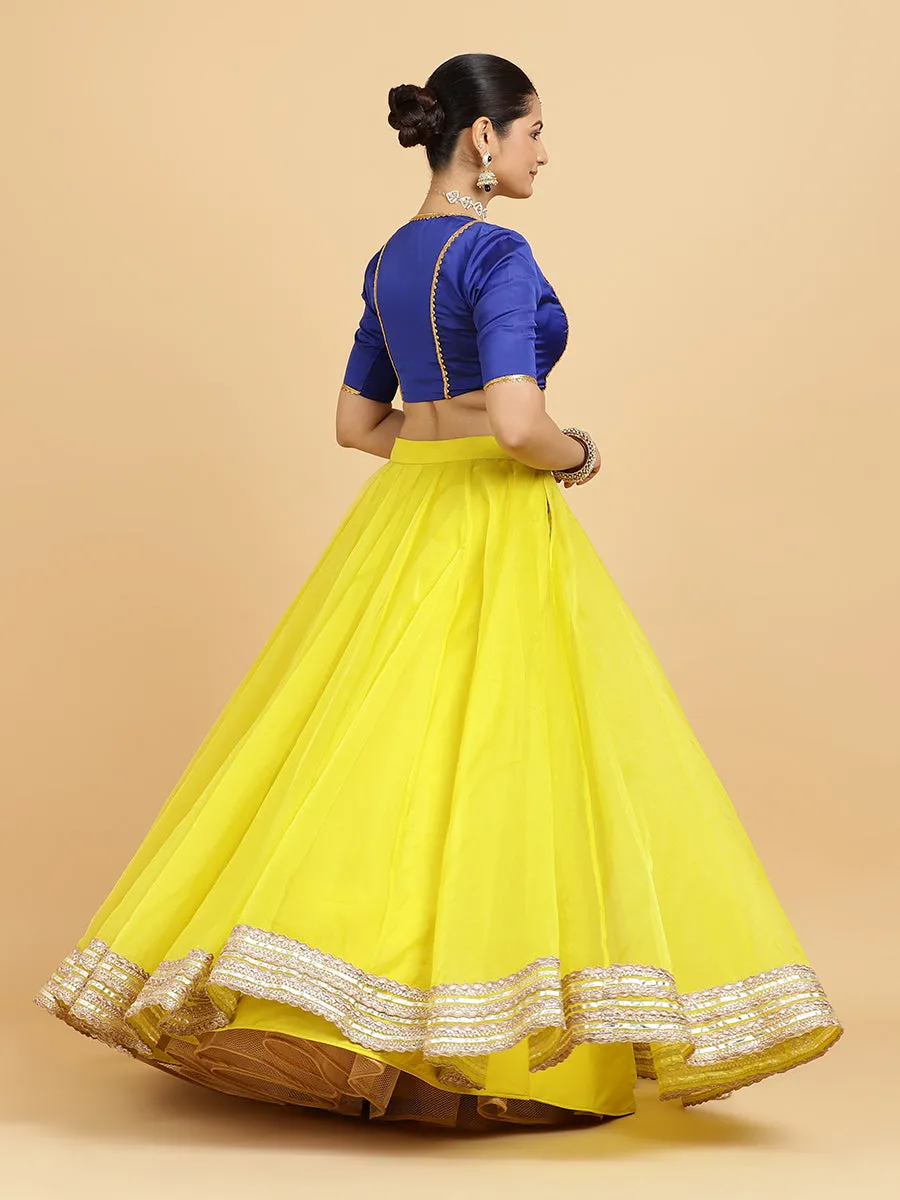 Farah Begum 4-Pc Lehenga Set x Tyohaar | Lemon Yellow Lehenga, Cobalt Blue Blouse with Saher Lemon Yellow Dupatta and Cancan Skirt
