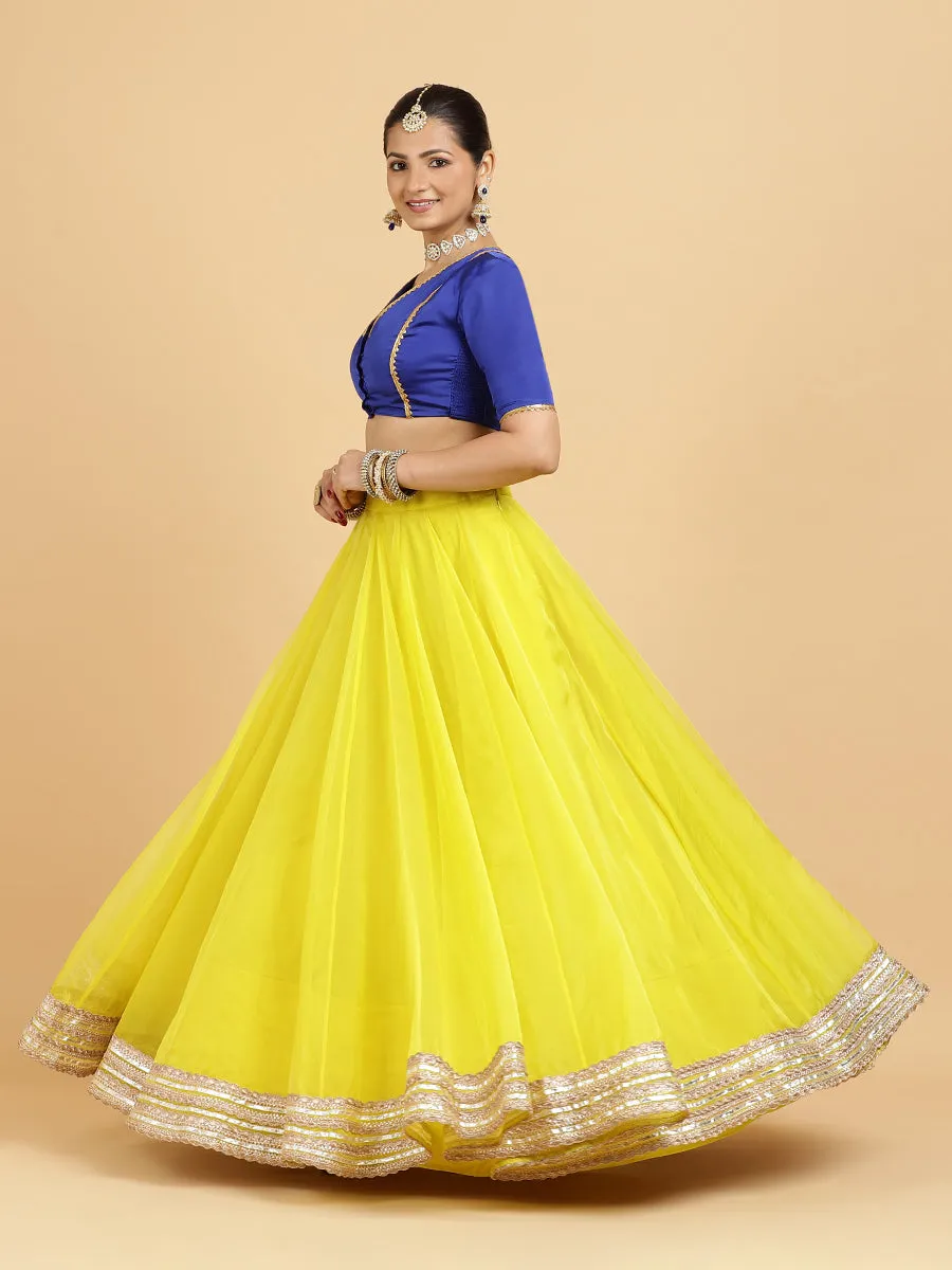 Farah Begum 4-Pc Lehenga Set x Tyohaar | Lemon Yellow Lehenga, Cobalt Blue Blouse with Saher Lemon Yellow Dupatta and Cancan Skirt