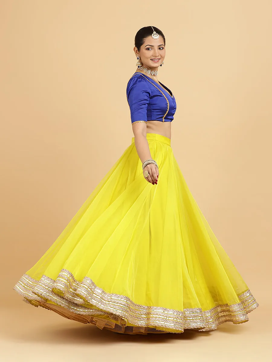 Farah Begum 4-Pc Lehenga Set x Tyohaar | Lemon Yellow Lehenga, Cobalt Blue Blouse with Saher Lemon Yellow Dupatta and Cancan Skirt