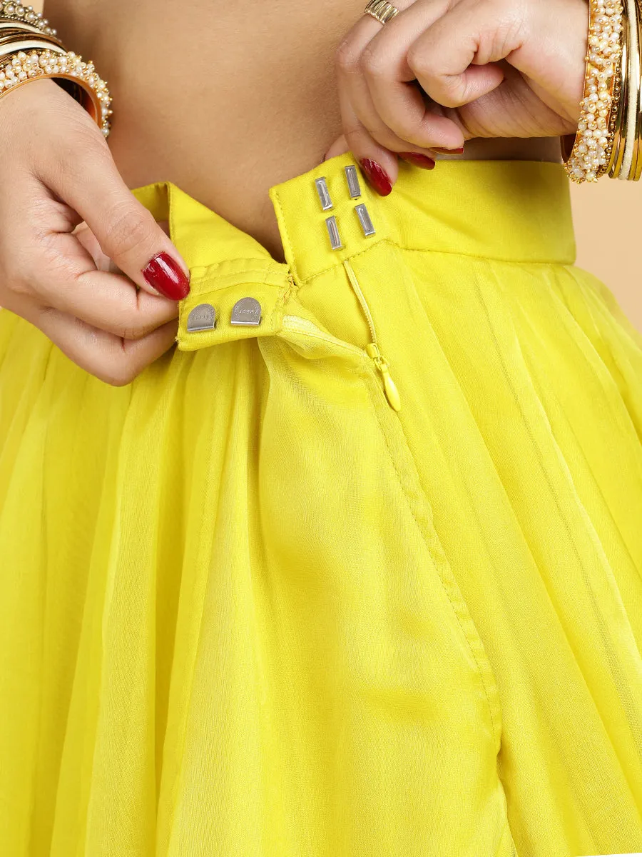 Farah Begum 4-Pc Lehenga Set x Tyohaar | Lemon Yellow Lehenga, Cobalt Blue Blouse with Saher Lemon Yellow Dupatta and Cancan Skirt
