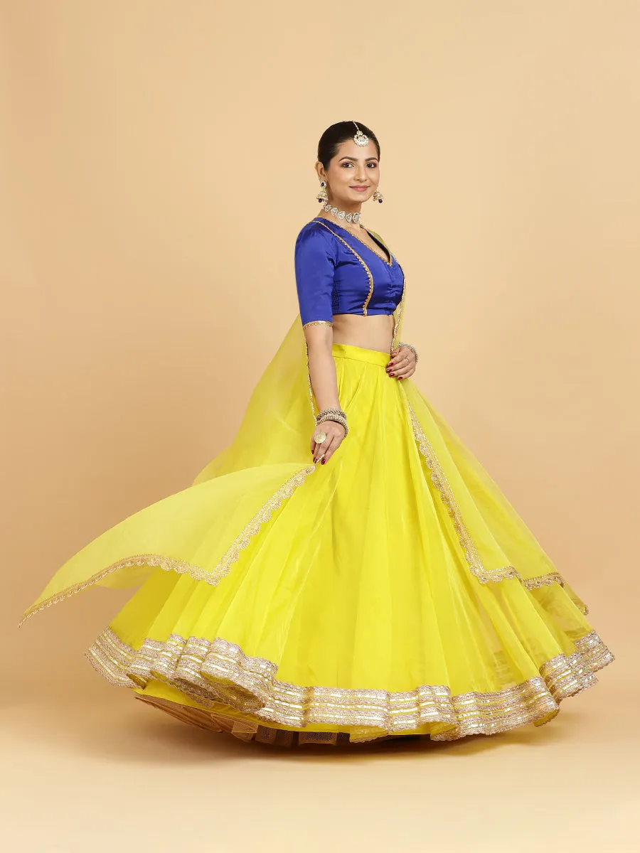Farah Begum 4-Pc Lehenga Set x Tyohaar | Lemon Yellow Lehenga, Cobalt Blue Blouse with Saher Lemon Yellow Dupatta and Cancan Skirt