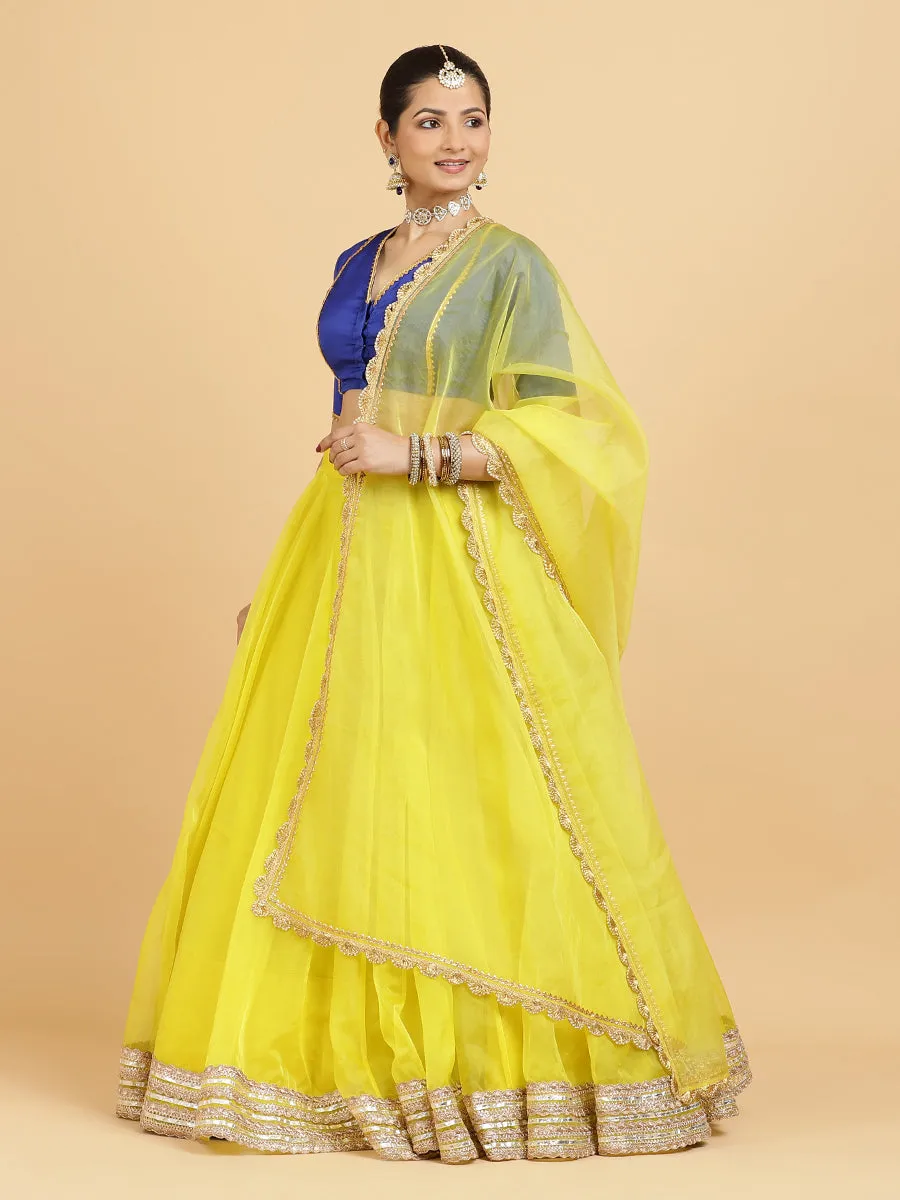 Farah Begum 4-Pc Lehenga Set x Tyohaar | Lemon Yellow Lehenga, Cobalt Blue Blouse with Saher Lemon Yellow Dupatta and Cancan Skirt