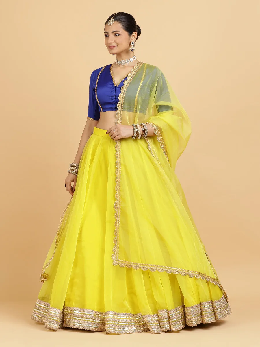 Farah Begum 4-Pc Lehenga Set x Tyohaar | Lemon Yellow Lehenga, Cobalt Blue Blouse with Saher Lemon Yellow Dupatta and Cancan Skirt