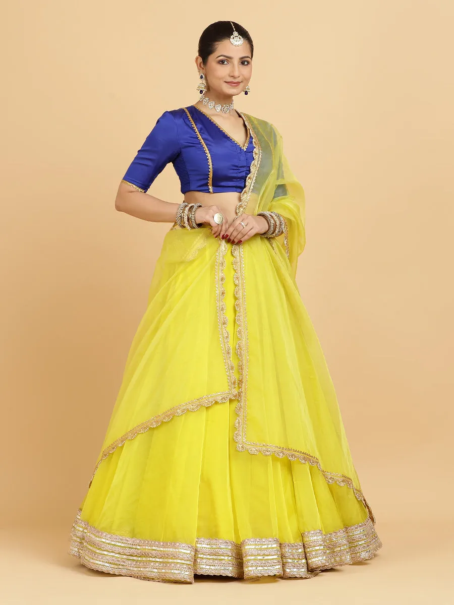 Farah Begum 4-Pc Lehenga Set x Tyohaar | Lemon Yellow Lehenga, Cobalt Blue Blouse with Saher Lemon Yellow Dupatta and Cancan Skirt