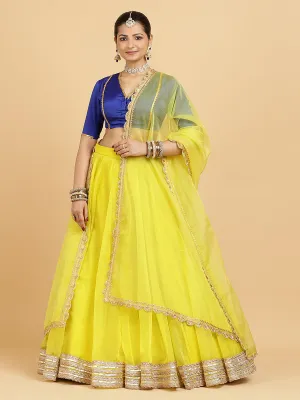 Farah Begum 4-Pc Lehenga Set x Tyohaar | Lemon Yellow Lehenga, Cobalt Blue Blouse with Saher Lemon Yellow Dupatta and Cancan Skirt
