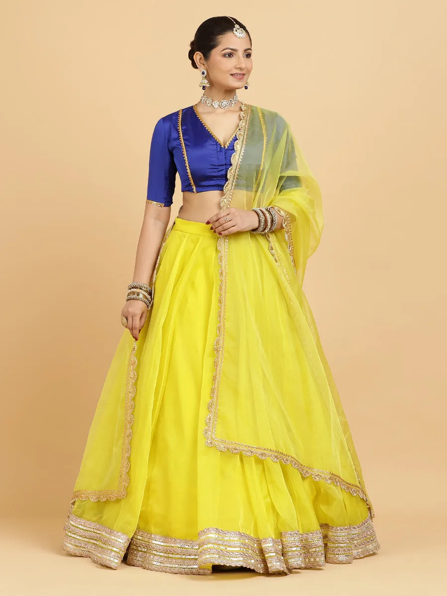 Farah Begum 4-Pc Lehenga Set x Tyohaar | Lemon Yellow Lehenga, Cobalt Blue Blouse with Saher Lemon Yellow Dupatta and Cancan Skirt