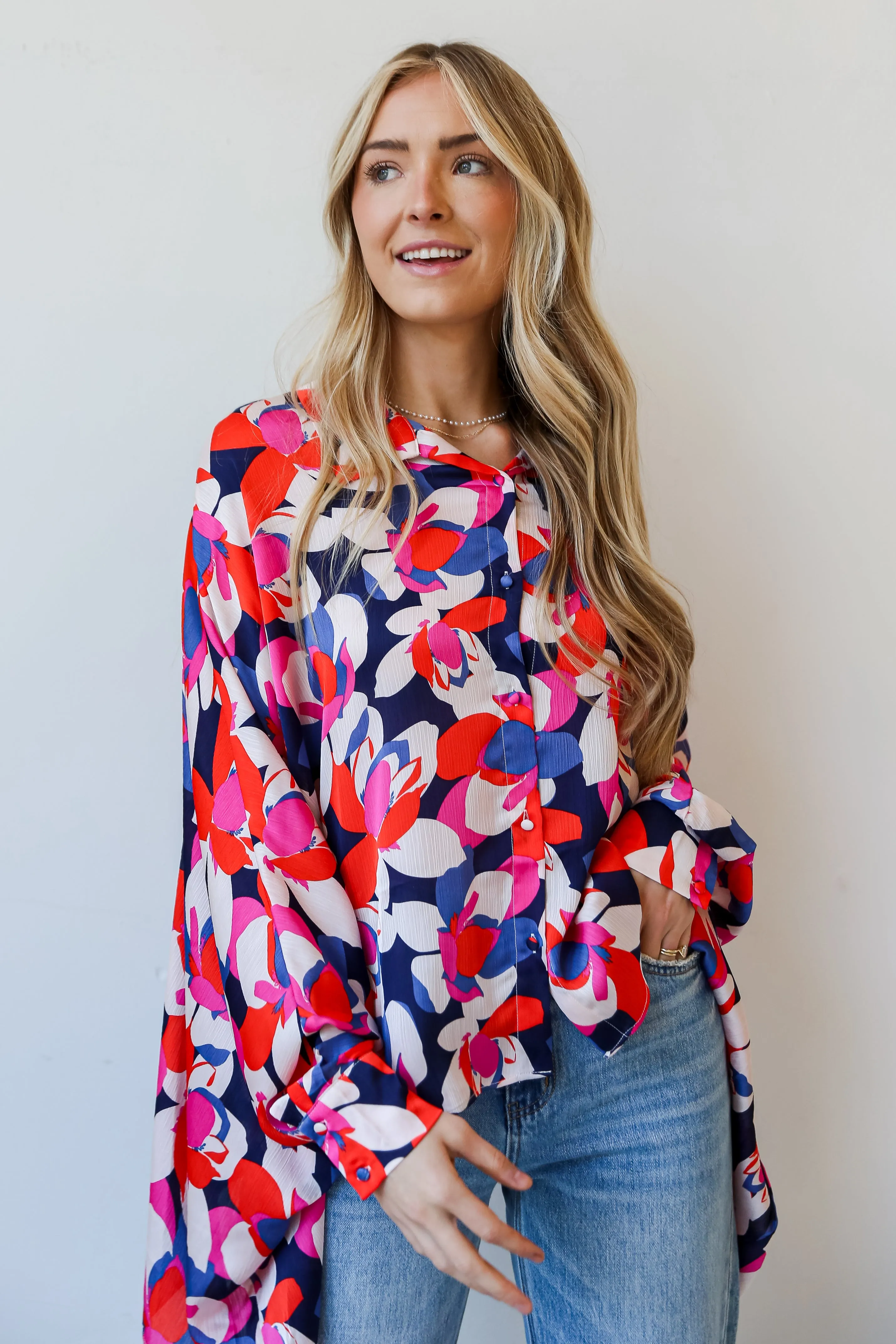 FINAL SALE - Darling Event Navy Floral Oversized Blouse