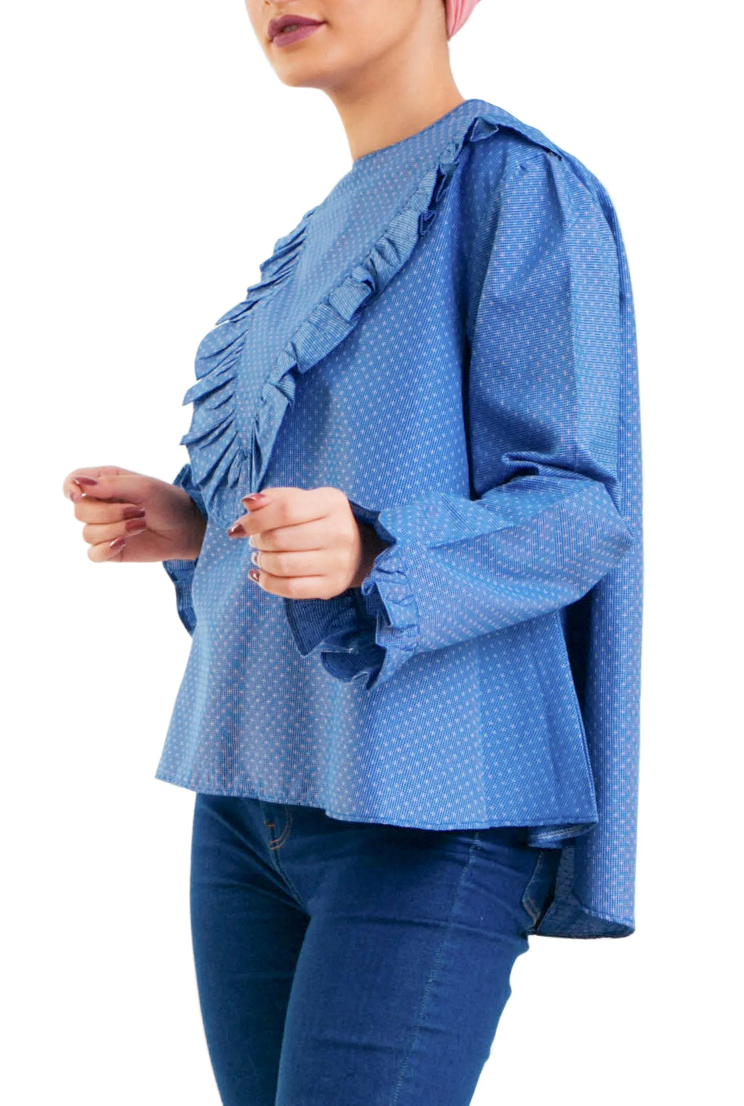 Front V Ruffles -Long Sleevess- Blue