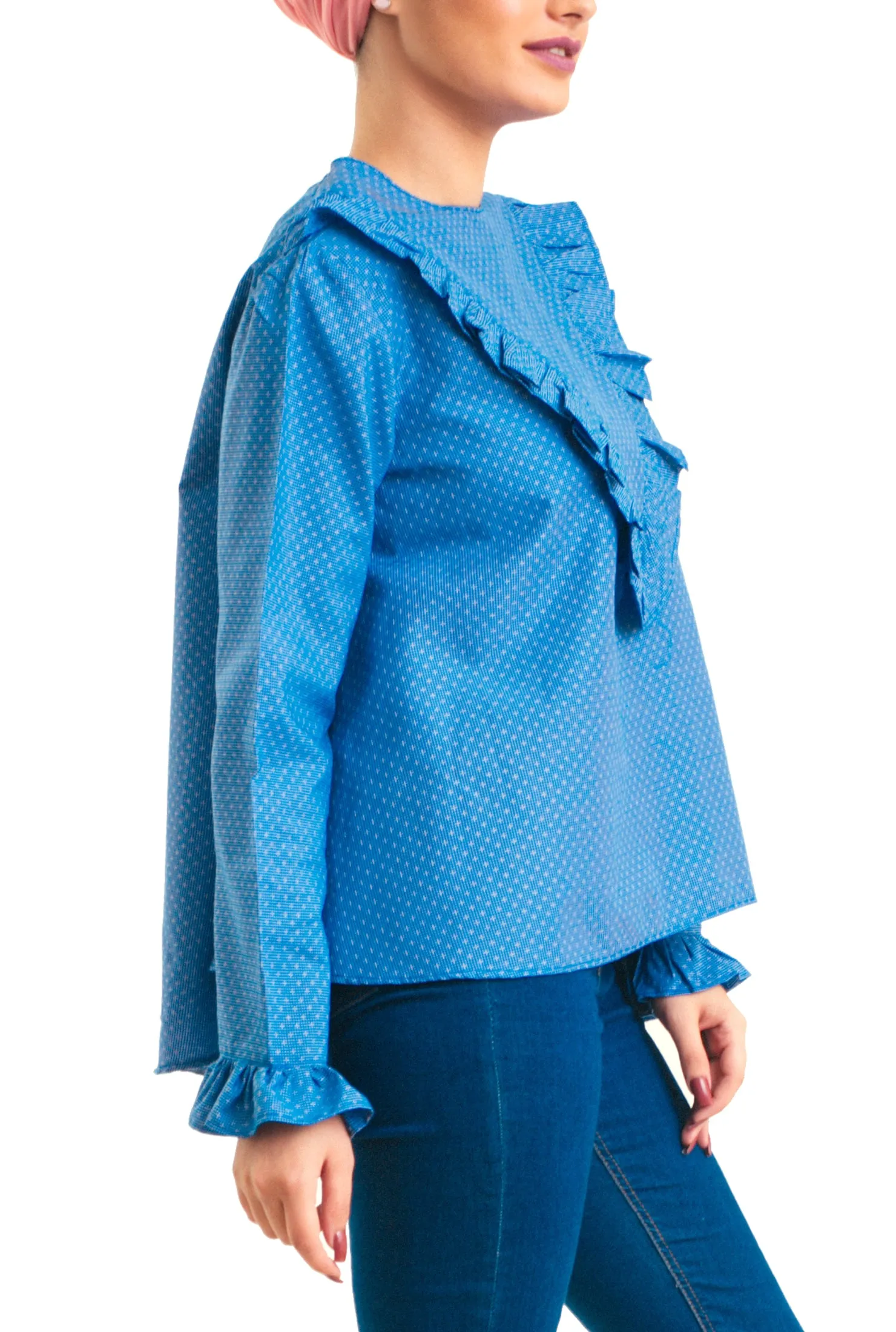 Front V Ruffles -Long Sleevess- Blue