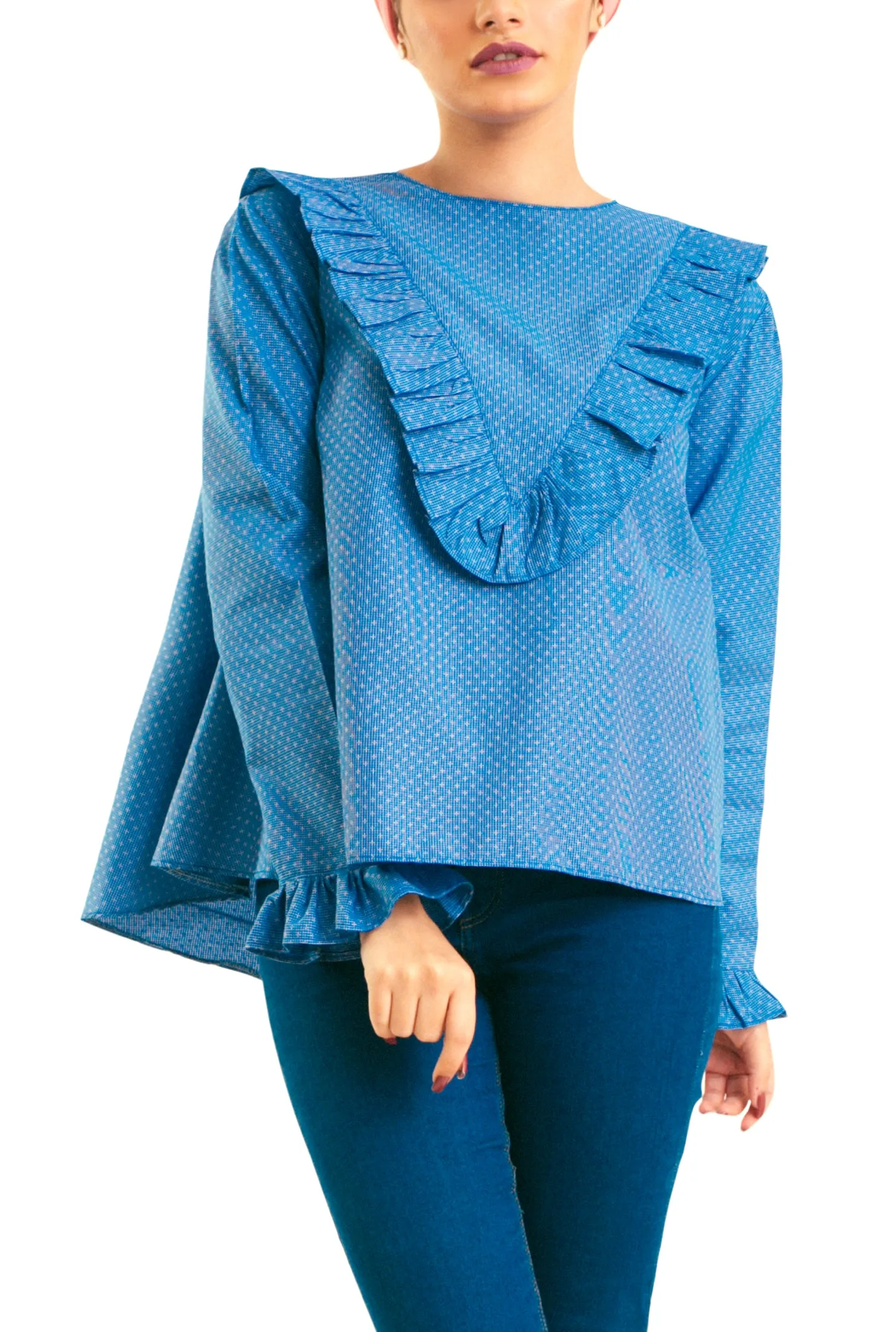 Front V Ruffles -Long Sleevess- Blue