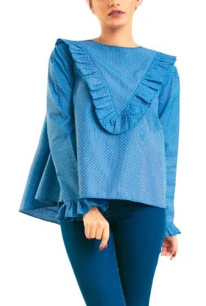 Front V Ruffles -Long Sleevess- Blue