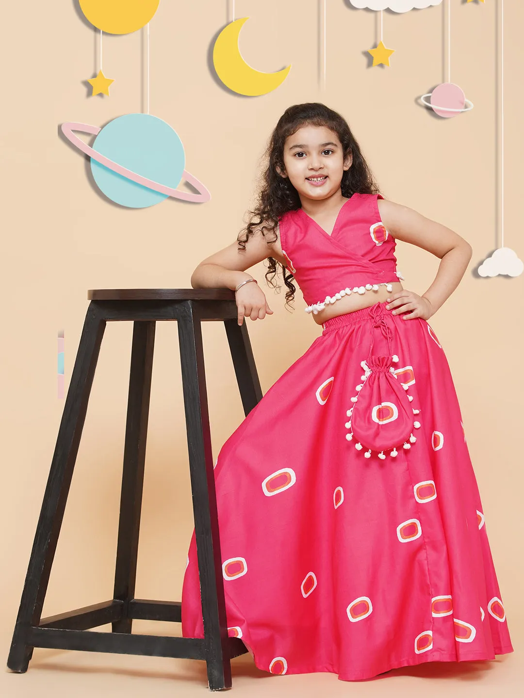 Girls Pink & Off White Printed Cotton Ready to Wear Lehenga