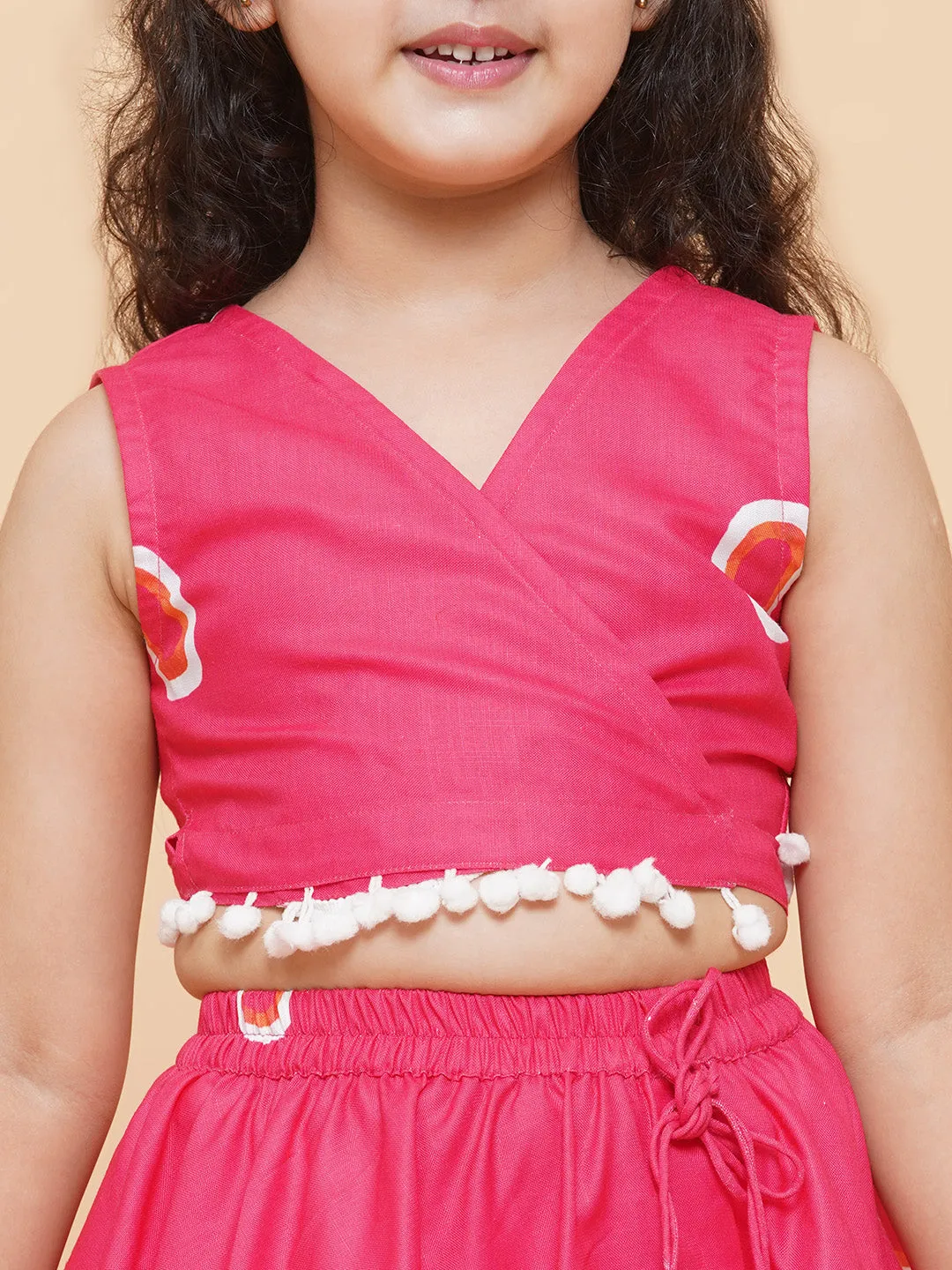 Girls Pink & Off White Printed Cotton Ready to Wear Lehenga